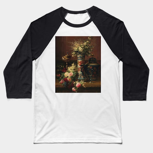 Roses, Peonies and Forget-me-nots in a Japanese Vase by Jean-Baptiste Robie Baseball T-Shirt by Classic Art Stall